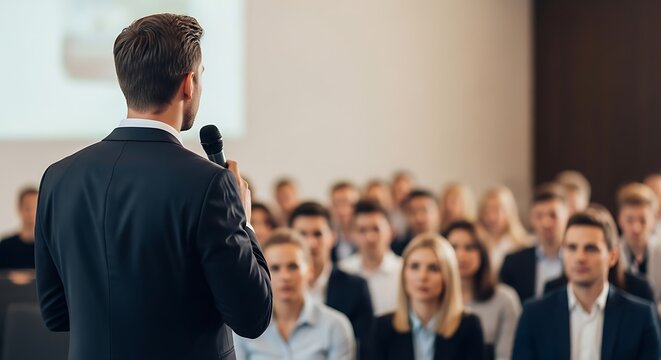 Professional businessman giving a speech with a microphone to a group of people at a corporate business conference