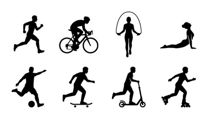 Diverse Sports Silhouettes: Running, Cycling, Yoga, Soccer, Skateboard, Scooter, Jump Rope, Rollerblading © Rohomot
