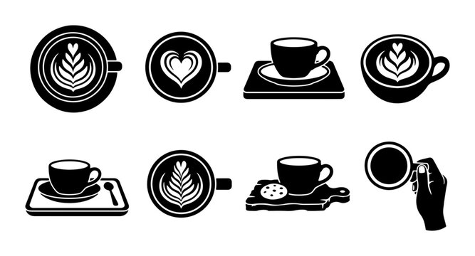 Coffee Cup Icons Set, Latte Art Designs, Espresso Drinks, Cafe Beverage Collection