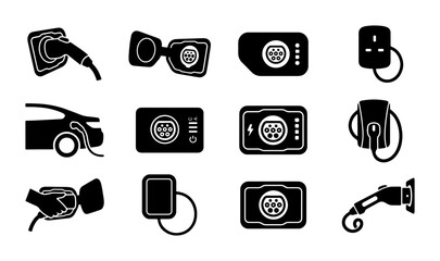 Fototapeta premium Electric Vehicle Charging Icons, EV Charger Symbols, Power Connectors, Energy Stations, Clean Transport