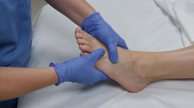 Medical professional performing a physical examination of a patients foot in a clinical setting