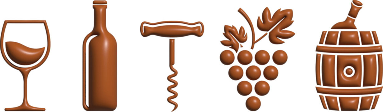 Wine icons, minimalist black symbols featuring a wine glass, bottle, corkscrew, grape bunch, and wooden cask for winery branding, vector designs.