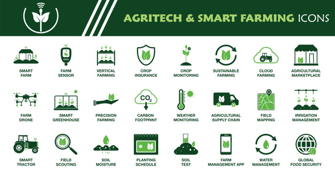 Agriculture Technology and Smart Farming Icon Set. Collection of  Farm, Drone, Tractor, Soil Test, Crop Monitoring, Cloud, Vertical Farming, Global Food Security and More Icons. Editable Vector.