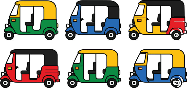 Vibrant collection of six colorful motorized auto rickshaw vector illustrations displayed in a clean grid layout