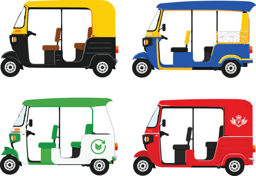 Colorful flat vector illustration collection showing four different side view urban rickshaw taxi transport vehicles