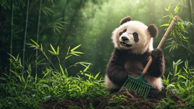 Adorable giant panda cub with rake in lush forest setting of greenery and soft light