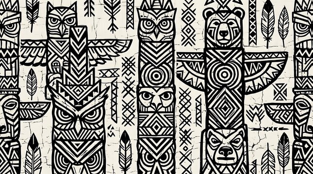 Black and white tribal totem pole seamless pattern background