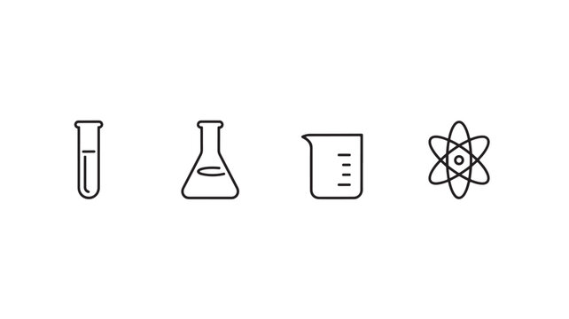 Line icon set of science lab equipment and atomic structure