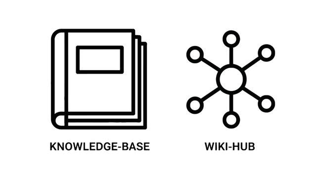 Knowledge base document and wiki hub information network icons with knowledge document information reference connection learning research