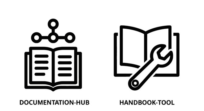 Documentation hub and handbook tool line icons set with documentation handbook settings knowledge information reference technical database