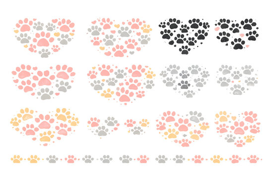 Animal paw print heart collection, pastel pet footprint icons in heart shapes, cute dog and cat paw patterns for veterinary and pet care branding