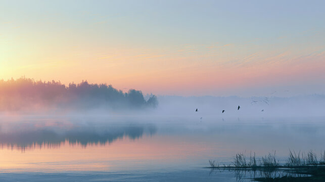 A serene landscape captures the mystical beauty of morning fog over a calm lake at sunrise with birds in flight.