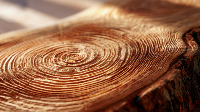 A close-up view reveals the natural wood grain texture with intricate growth rings and warm earthy tones bathed in soft sunlight.