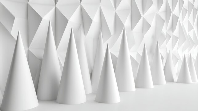 Architectural study, a series of pure white paper cones in various heights arranged in a rhythmic grid, sharp geometric shadows, bright top lighting