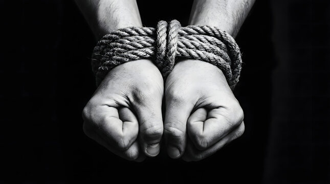 Restrained: a close-up view hands tied rope bound fists