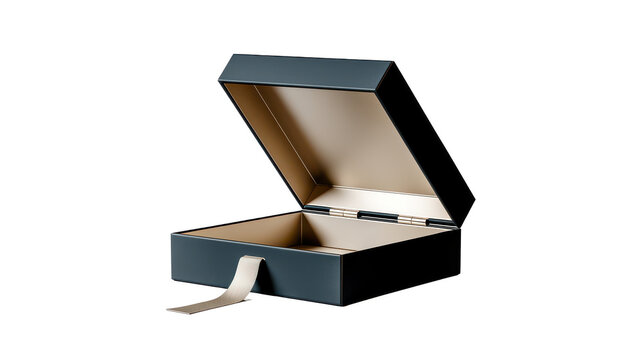 An open dark blue luxury gift box with a beige interior and a ribbon pull, isolated on a white background, used for packaging jewelry or presents