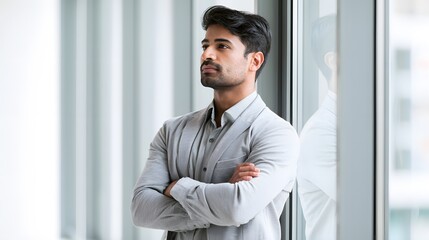 Fototapeta premium Confident young man looking away with folded arms, contemplating future success and strategic business opportunities in a bright, modern office setting, embodying professionalism and determination