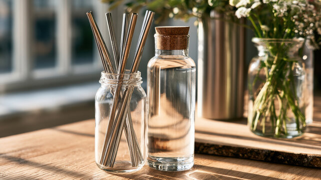 Reusable metal straws and a glass water bottle sit on a wooden table, representing sustainable and eco-friendly living.