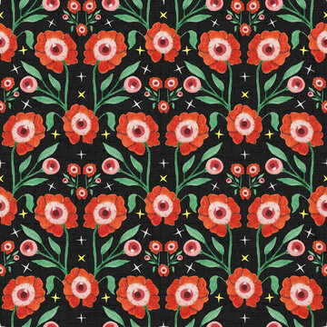 Seamless pattern with hand-painted watercolor autumn flowers with whimsical eyeball, designed to coordinate with the Cottagecore Halloween Collection.