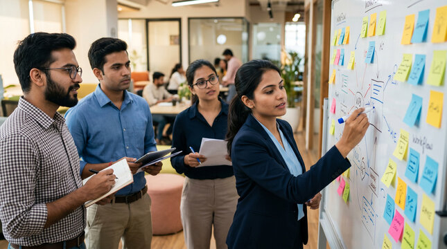 Indian Business Team Brainstorming Ideas Using Sticky Notes in Modern Office, Business Professionals Collaborating During Brainstorming Session