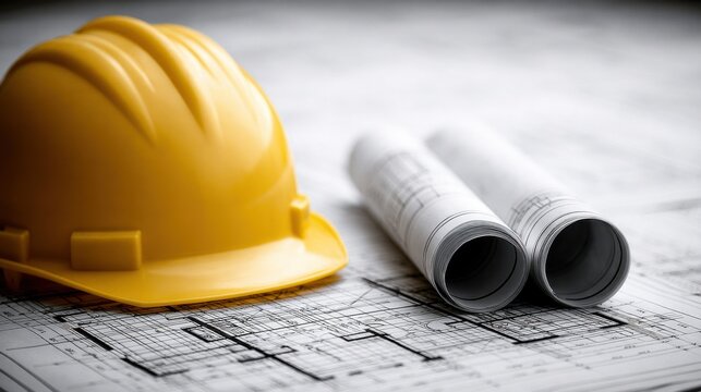 A yellow hard hat rests on architectural blueprints. This industrial scene represents construction planning and.