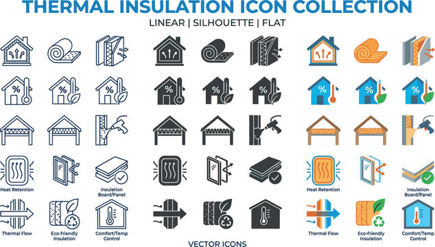 Thermal Insulation Icon Collection in Linear Silhouette and Flat Styles with House Heating Temperature Control and Eco Friendly Materials for Construction Infographics