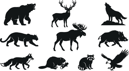 Obraz premium North American Forest Animal Silhouette Set with Bear, Deer, Wolf, Moose, Cougar, Wild Boar, Fox, Beaver, Raccoon, and Flying Eagle Icons