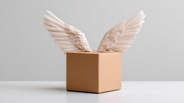 Minimalist logistics, a small brown cardboard box on a white floor, two soft white wings emerging from its sides, bright studio light, symbol of air freight