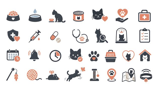 Cat care icon set with 28 veterinary and pet supply symbols, feline health and wellness illustrations, minimalist animal clinic graphics