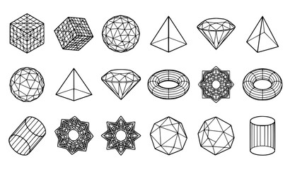Wireframe Geometric 3D Shapes Set Collection. Abstract Polygon Mesh Objects, Cube, Sphere, Diamond, Pyramid, Torus and Polyhedron Outline Vector Illustration © Rimu