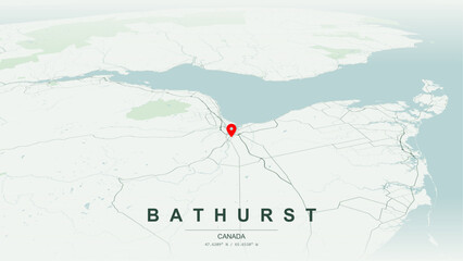 Modern minimalist vector map of Bathurst, New Brunswick. High-quality scalable illustration of Bathurst geographic boundaries, Chaleur Bay and Nepisiguit River shoreline networks for posters design. © AliRza