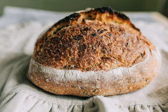 Rustic artisan bread loaf baked with organic ingredients