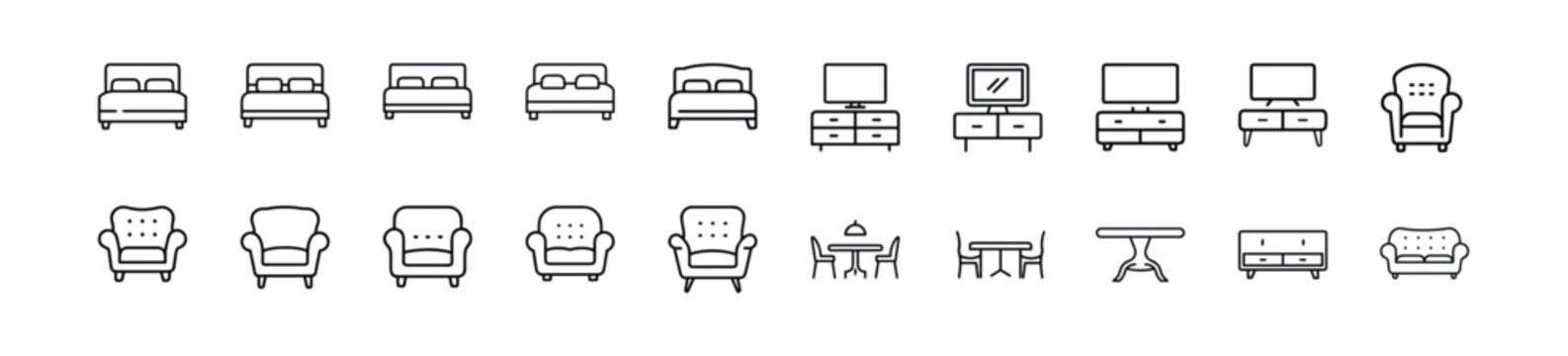 Furniture line icons set, double bed bedroom, tv stand cabinet, armchair sofa living room, dining table decor & more vector illustration with editable stroke.