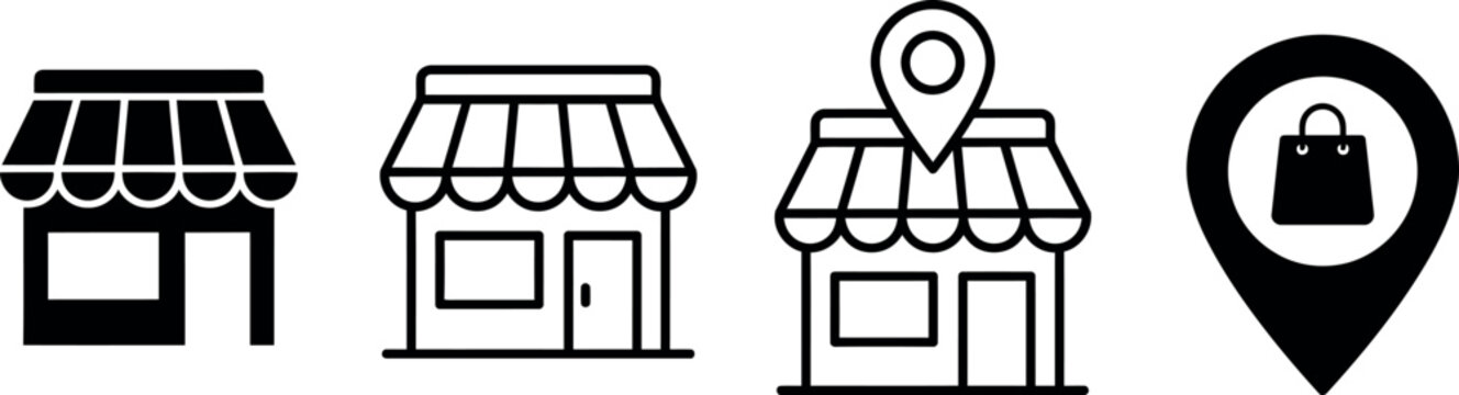 A collection of four minimalist black and white store icons representing retail locations, shop fronts, and digital shopping map markers