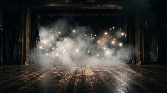 Empty theater stage with dramatic lighting and smoke effects creating a magical atmosphere for performance or presentation