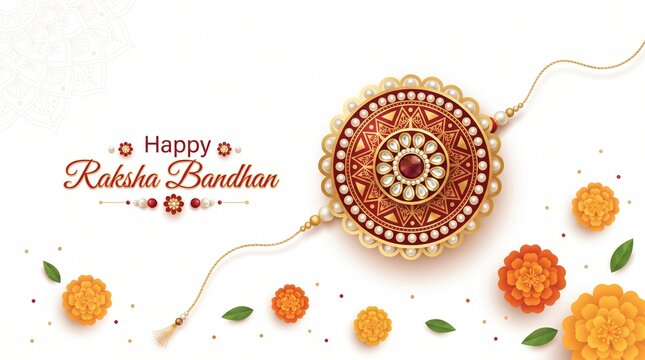 Happy Raksha Bandhan Beautiful Rakhi Design Kumkum and Rice with Flower Background