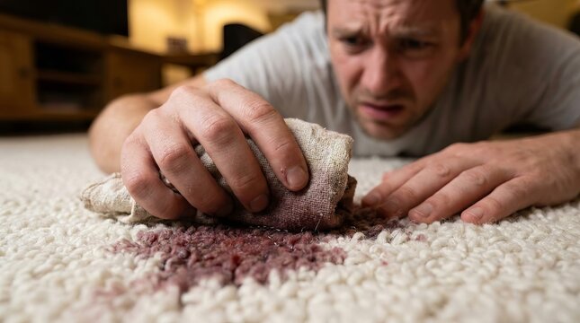 Frustrated Man Scrubbing Large Red Wine Stain on White Carpet Floor at Home