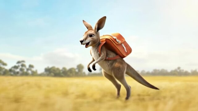 Cartoon kangaroo with backpack walking in sunny field. Back to School, School Season, First Day of School - Education Supplies, Academic Year Beginning