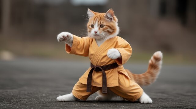 Ginger cat wearing yellow karate gi and brown belt in a martial arts pose outdoors