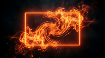 Fototapeta premium Fiery rectangle frame with swirling flames and sparks against a dark textured background creates a dramatic and intense visual effect