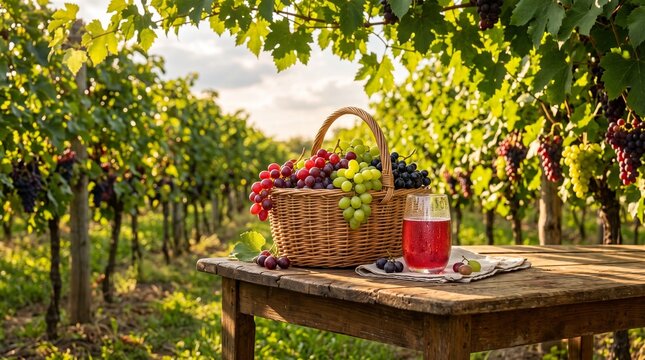 Wicker basket of ripe grapes and glass of wine on wooden table in vineyard