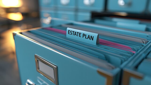Close-up view of a vibrant blue office file drawer with a tab clearly labeled "ESTATE PLAN" highlighting important documentation for future financial management and legacy planning