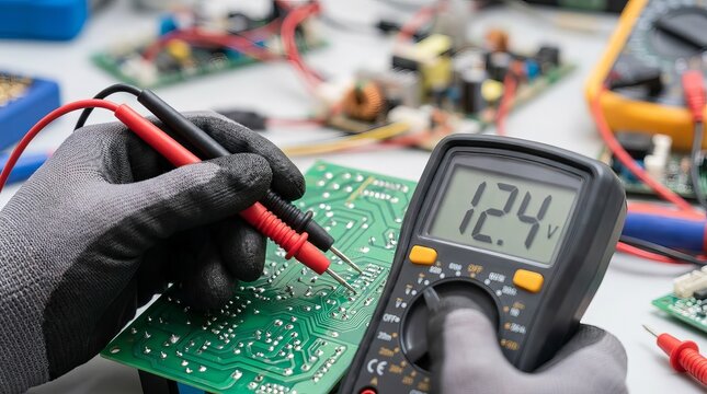 Close up of Technician Hands Testing Electronic Circuit Board with Digital Multimeter