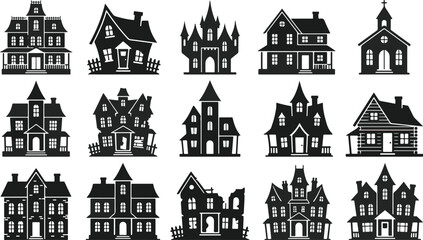 Fototapeta premium Black silhouette collection of diverse architectural house styles