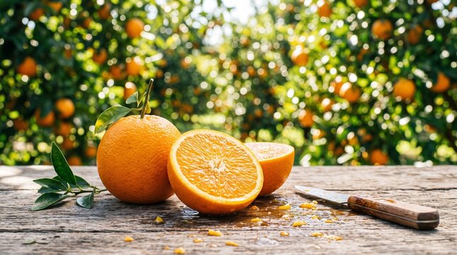 Fresh sliced oranges on wooden table in citrus orchard with agriculture
