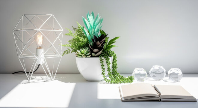 Modern Geometric Desk Setup With Succulents And Lamp
