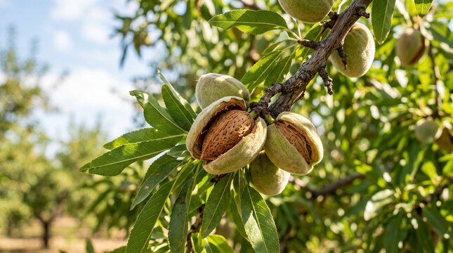 Fresh ripe almonds in husks growing on tree branch with agriculture, countryside