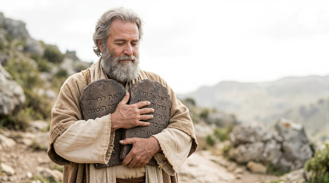 Moses holding stone tablets in biblical scene with mountains and rocky terrain in background. Moses thoughtfully embraces tablets while standing in nature, representing faith and divine law.