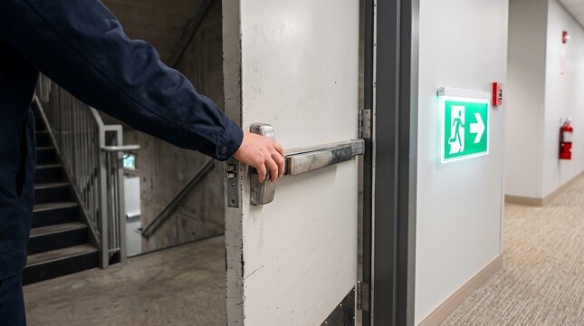 Person opening emergency exit door leading to staircase with green glowing evacuation exit sign on wall