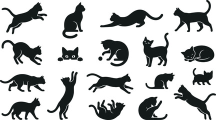 Obraz premium A collection of various black cat silhouettes in different poses including jumping, sitting, stretching, playing, and sleeping on white